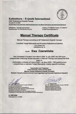 Certyfikat ukoczenia kursu terapii manualnej wg Kaltenborna-Evjentha
