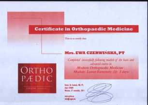 Certyfikat ukoczenia kursu Medycyny Ortopedycznej wg Cyriax Module Lower Exremity 