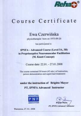 Certyfikat ukoczenia kursu rozwijajcego PNF ang
