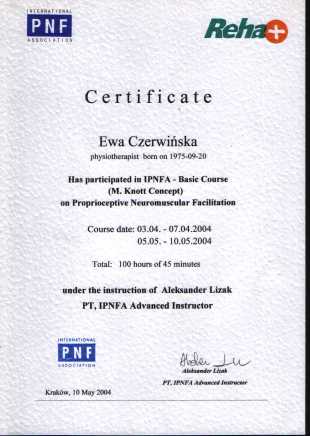 Certyfikat ukoczenia kursu podstawowego PNF ang