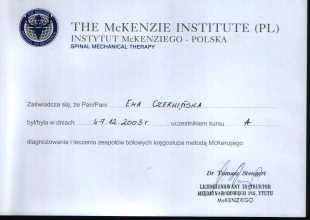 Certyfikat odbycia szkolenia z terapii manualnej wg McKenzie kurs A