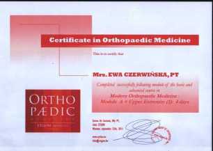 Certyfikat ukoczenia kursu Medycyny Ortopedycznej wg Cyriax Module A + Upper Extremity